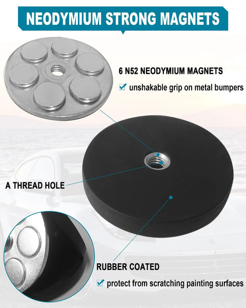 Magnetic License Plate Holder For Metal Bumpers 4 Pack Neodymium Magnets With Rubber Coated Mounts and Thread Hole