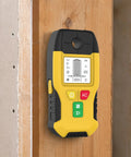 Wall Scanner Stud Finder 6-in-1 Metal Detector Auto Shutoff LCD(Yellow) on wooden wall showing detection modes.