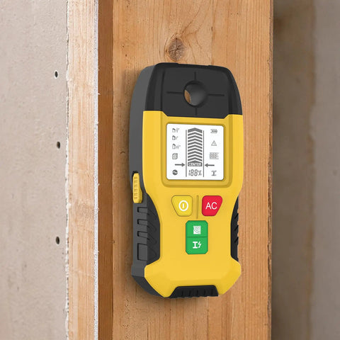 Wall Scanner Stud Finder 6-in-1 Metal Detector Auto Shutoff LCD(Yellow) on wooden wall showing detection modes.