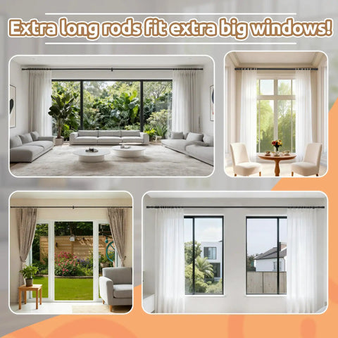 Outdoor Curtain Rods For Patio Adjustable 32 To 240 Inch Heavy Duty Rod With Wall And Ceiling Mount Matte Black Room Divider Fits One Large Window Or Two Wide Open Windows With Five Holders shown in use on various large windows.