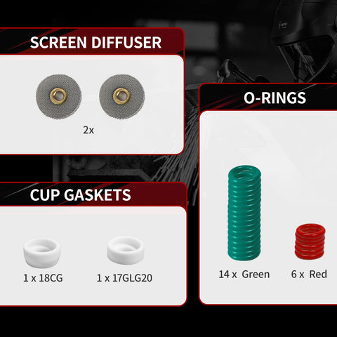Beast Pro-Grade TIG Welding Accessories Kit, 71 Pieces with screen diffusers, cup gaskets, green and red O-rings visible.