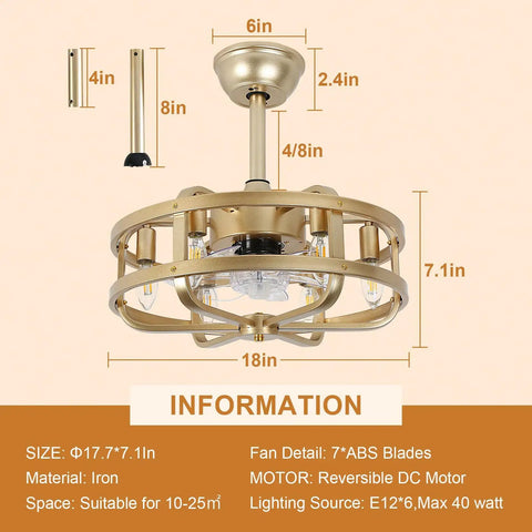 Dope 18 Inch Gold Cage Ceiling Fan With Light Remote Control Fandelier 6 Speed Reversible Motor Low Profile dimensions