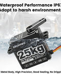 Beefy 25Kg Digital Servo 8.4V with full metal gears shown in water demonstrating IP67 waterproof performance for RC models.