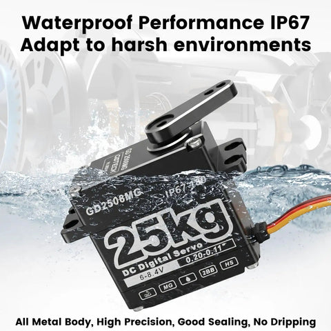 Beefy 25Kg Digital Servo 8.4V with full metal gears shown in water demonstrating IP67 waterproof performance for RC models.