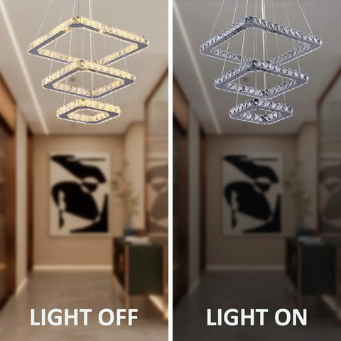 Dope Modern Crystal Chandelier LED Ceiling Light With Square Three Ring Design Height Adjustable 47W K9 Crystals Warm White 3000K.