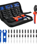 Solar Crimping Tool Kit For DIY PV Installations With 12 Connector Pairs, 2 Spanner Wrenches, And 14-10 AWG Cable Crimping tools displayed