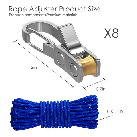 8 Pack Rope With Roller Tensioner For Easy Secure Tying Heavy Duty Retractable Buckle Rope With Accessory Cord dimensions