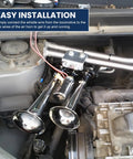 Kickin 12V Car Air Horn Kit Featuring Rip Roaring 120DB Dual Trumpets With Integrated Air Compressor Waterproof Electric Train Horn Upgrade For Tough Trucks And Rvs Matte Black Shell installed in engine compartment.
