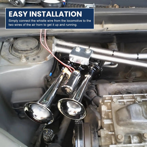 Kickin 12V Car Air Horn Kit Featuring Rip Roaring 120DB Dual Trumpets With Integrated Air Compressor Waterproof Electric Train Horn Upgrade For Tough Trucks And Rvs Matte Black Shell installed in engine compartment.