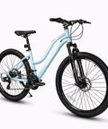 Womens 26 Inch Mountain Bike With Shimano 21 Speed Rear Derailleur Twist Grip Shifter Dual Disc Brakes Lockout Suspension Fork Steel Frame