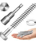 Beefy Heavy Duty Lag Bolts Kit With Washers For Wood Projects 304 Stainless Steel Five Sixteenths Inch Diameter Three Inch Length Partial Thread Bright Finish Twelve Sets Includes Twelve Bolts And Twelve Flat Washers By MYWISH showing a bolt, washer, and full kit in a hand.