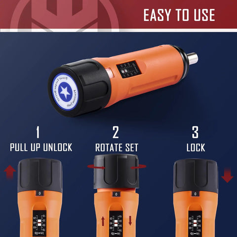 Torque Screwdriver And Driver Set For Maintenance And Bike Repair Ten To Seventy Inch Pounds Range shown with setting instructions.
