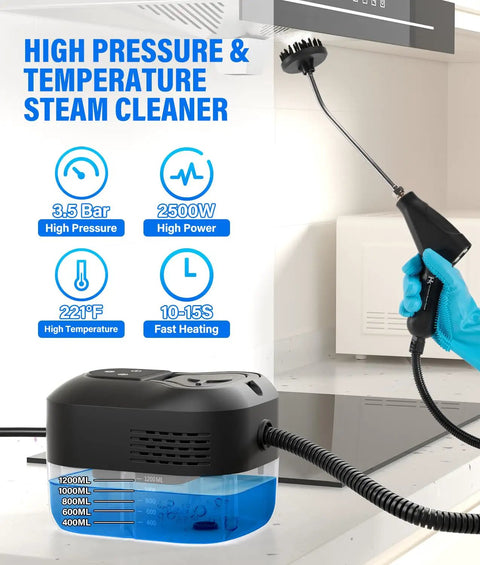 No Frills Steam Cleaner With Ten Second Rapid Heat And One Point Two Liter Tank, 2500W power, 3.5 Bar pressure, handheld use.