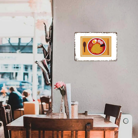 Old School Metal Sign Mie Ramen Tin Sign 8x12 Inch for home office garage decor, displayed on cafe wall with rustic charm.