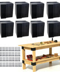 Rock Solid 8 Piece Workbench Bracket Kit For 2X4 Lumber Three Way Right Angle Corner Connectors Heavy Duty Carbon Steel displayed with tools and screws.