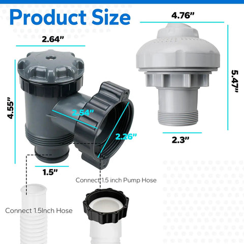 Easy To Install Pool Plunger Valve With 12355 Inlet Air Nozzle Kit For Above Ground Pools And Pool Pumps, On Off Plunger Valve With Strainer Grid, Replacement Nozzle For Smooth Filtration And Clean Water, showing product size and dimensions.