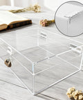 Clear self-adhesive plastic hinge set, 4 pieces, 65x40 mm, shown on acrylic box with lock, ideal for DIY crafts and aquarium lids.