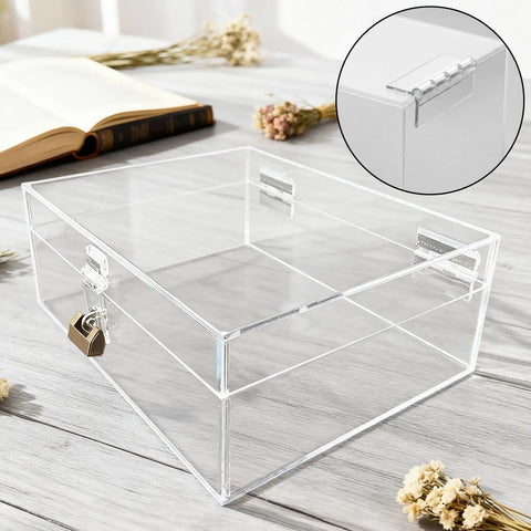 Clear self-adhesive plastic hinge set, 4 pieces, 65x40 mm, shown on acrylic box with lock, ideal for DIY crafts and aquarium lids.