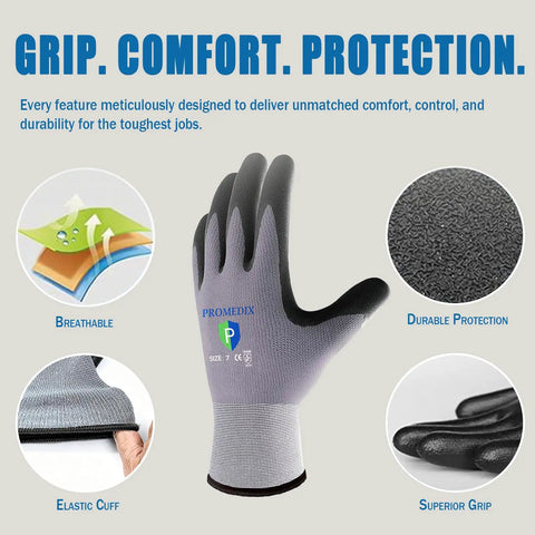 Promedix nitrile coated work gloves with MicroFoam grip, seamless knit nylon, snug fit, medium size M 12, abrasion resistant.