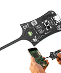 USB C Inductance Tester for PC and Phone Repair, circuit board tool close-up and hand using tester on smartphone motherboard