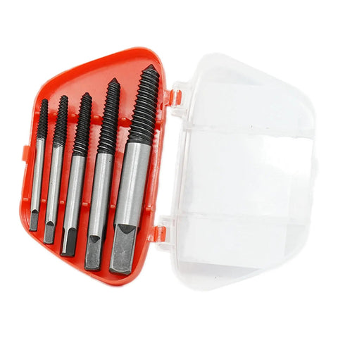 5 Piece Damaged Nut And Bolt Extractor Set With Hardened High Carbon Steel And Anti Corrosion Finish Includes Case Reverse Spiral Tapered Coarse Bits No Fuss For Removing Stripped Nuts And Broken Screws Like A Pro in open red plastic case