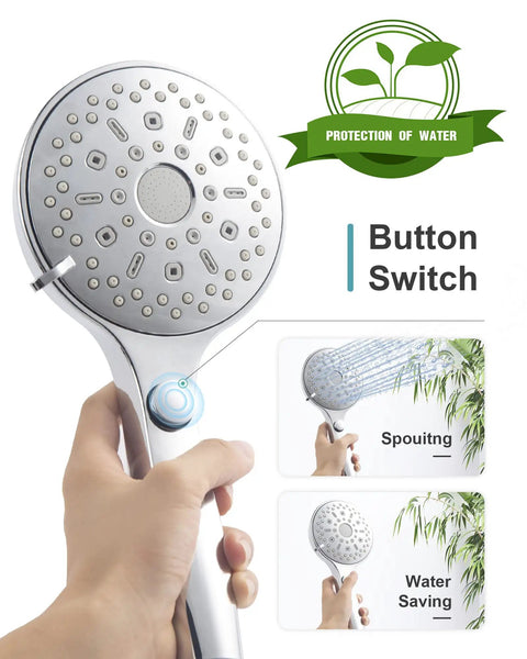 Hand holding high pressure handheld shower head with 12 functions and 96 inch hose for quick pet bathing, chrome finish.