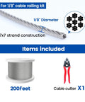 200 Ft One Eighth Inch Stainless Steel Cable Railing Kit With T316 Wire Rope 7x7 1800 Lb Breaking Strength For Indoor Outdoor Decks Includes Wire Cutter Coastal Ready Hardware components including 200 feet of cable and a cutter