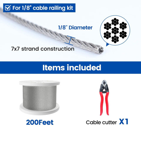 200 Ft One Eighth Inch Stainless Steel Cable Railing Kit With T316 Wire Rope 7x7 1800 Lb Breaking Strength For Indoor Outdoor Decks Includes Wire Cutter Coastal Ready Hardware components including 200 feet of cable and a cutter