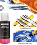 Metallic Acrylic Paint Set 12x60ml Professional Quality With 3 Free Brushes And 1 Scraper Non Fading Multi Surface Paints For Beginners And Pros Vibrant Metallic Colors For Arts And Crafts, showing red paint bottle with paint strokes.