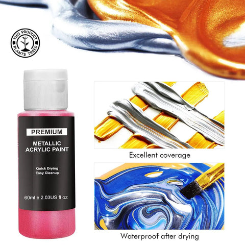 Metallic Acrylic Paint Set 12x60ml Professional Quality With 3 Free Brushes And 1 Scraper Non Fading Multi Surface Paints For Beginners And Pros Vibrant Metallic Colors For Arts And Crafts, showing red paint bottle with paint strokes.