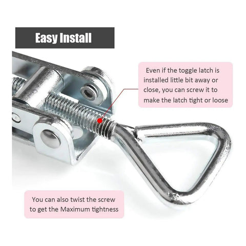 Close-up of Heavy-Duty Toggle Latch Set for Cabinets and Doors showing easy installation with adjustable steel mechanism