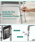 Quick no-tool installation design of Heavy Duty Raised Toilet Seat With Grip Bars For Seniors, featuring organizer bag and tissue holder.