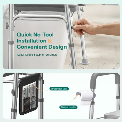 Quick no-tool installation design of Heavy Duty Raised Toilet Seat With Grip Bars For Seniors, featuring organizer bag and tissue holder.