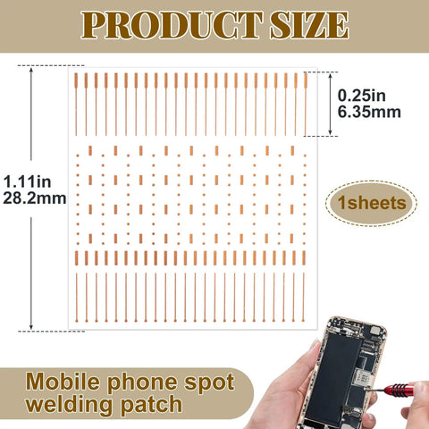 PCB Trace Repair Kit With 208 Red Copper Solder Pads For Mobile Phone Circuits 1 sheet dimensions 28.2mm x 6.35mm