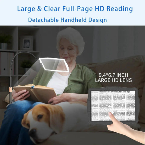 Elderly woman using Floor LED Magnifier With Light And Stand Hands Free 2 In 1 Large Lighted Magnifier Lamp For Reading