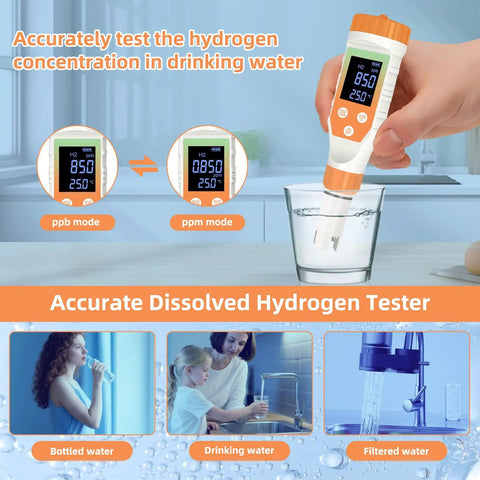 Testing hydrogen concentration with 7 In 1 Hydrogen Water Tester With Digital pH TDS EC ORP Salt And Temperature Meter in kitchen