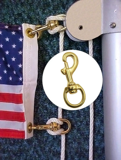 Top Shelf Heavy Duty Brass Flag Clips 4 Pack Swivel Snap Hooks For Rope Flagpole Attachment Built Tough Round Grommet compatible hooks attached to a flag.
