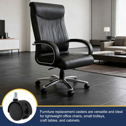 2-Inch Swivel Stem Caster Wheels Set, 4-Piece Workhorse With M10x15mm Threaded Rod displayed on a black office chair