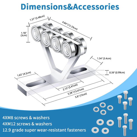Dimensions diagram of 8 Wheel Heavy Duty Hoist Trolley Kit For Unistrut One And Five Eighths Inch Channels with accessories