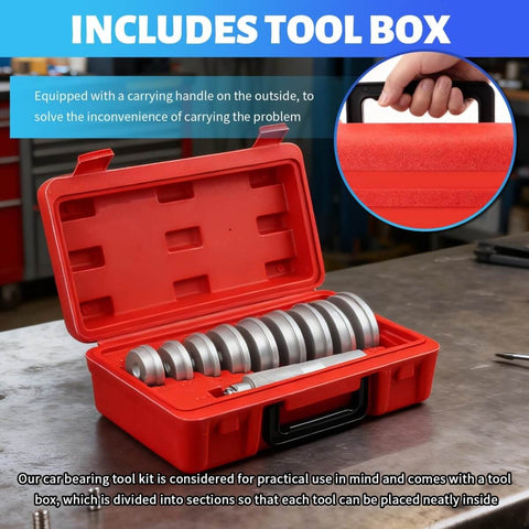 Car Bearing Press Kit With 9 Size Adapters And Seal Driver For Damage Free Wheel Bearing Installations in red carry case