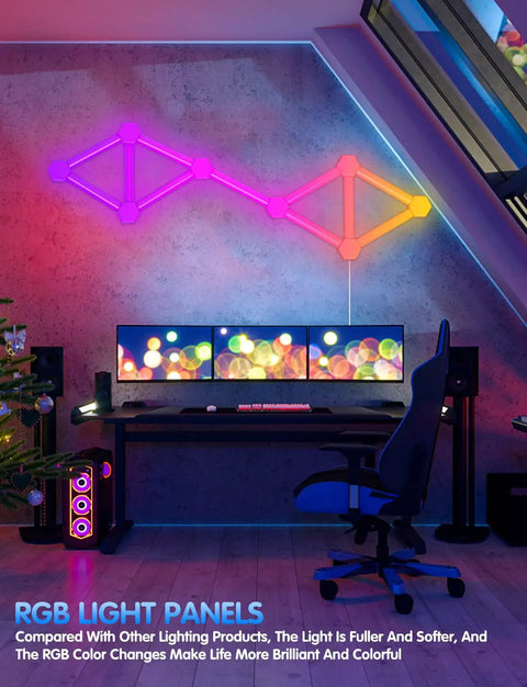 RGBW LED Wall Light Panels With WiFi Control Hexagon And Line Kit for gaming setup, living room, and bedroom vibe, 18 panels pack