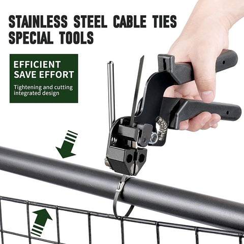 Stainless Steel Cable Tie Gun With 200 Heavy Duty 304 Stainless Zip Ties tightening cable on fence for outdoor use