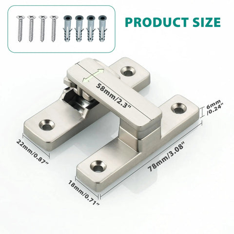 90 180 Degree Flip Door Lock Latch With Nighttime Glow for Interior and Exterior Gates shown with dimensions and screws included.