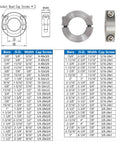 Diagram of One Inch Bore Double Split Clamp On Shaft Collars Four Pack 304 Stainless Steel, with detailed size chart.