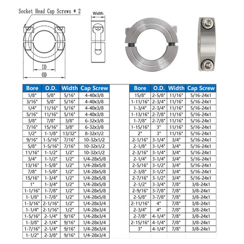 Technical diagram and dimensions for Heavy Duty Five Eighth Inch Bore Double Split Clamp On Shaft Collar Pack Of Four In 304 Stainless Steel One And Five Sixteenths Inch Outer Diameter By Seven Sixteenths Inch Width H7 Tolerance For CNC Machines And Linear Rails. Metal collar with table of sizes.