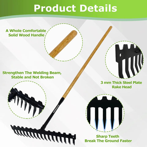 Heavy Duty Dual Mode Garden Rake With 60 Inch Wooden Handle And 17-Tine Bow Rake, product details with wood handle and steel head