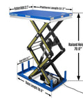 Solid 2200 Lb Capacity Double Scissor Electric Hydraulic Lift Table With Wireless Remote Control 70 Inch Height And Massive 51 X 32 Foot Platform side view showing dimensions.
