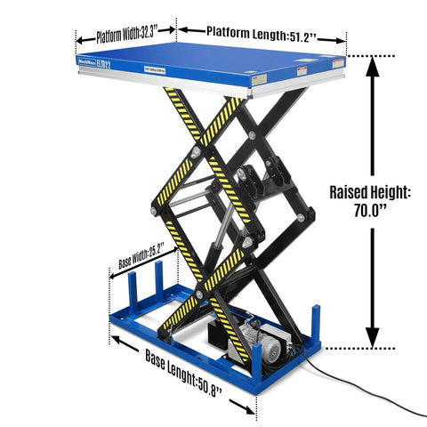 Solid 2200 Lb Capacity Double Scissor Electric Hydraulic Lift Table With Wireless Remote Control 70 Inch Height And Massive 51 X 32 Foot Platform side view showing dimensions.