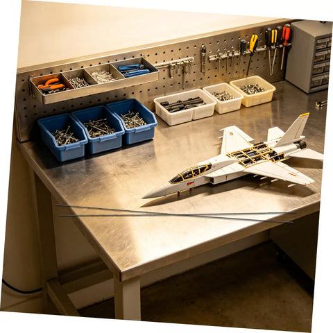 Lightweight Carbon Fiber Rod Set For RC Aircraft And Kite Wings on workbench with model aircraft assembly tools.