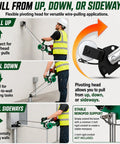 Flexible electric cable puller showing pulling directions: up, down, and sideways for versatile use, part of Powerful Electric Cable Puller That Turns Your Drill Into A Serious Wire Tugger for One Person Jobs, Handles 1000 Lbs On Wires From #14 To 1/0 Inside Conduits Up To 4 Inches With Smooth Adjustable Boom Head.